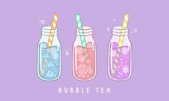 conjunto de varios té de burbujas. té con leche con perlas de tapioca. té de boba bebida taiwanesa asiática. ilustración de vector de moda de color dibujado a mano. estilo de dibujos animados diseño plano. todos los elementos están aislados