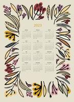 Calendar vector template for year 2023 with hand drawn wild flowers on blue background