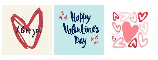 Set of Happy Valentines Day greeting cards designs with hand drawn hearts, flowers and lettering vector