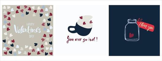 conjunto de diseños de tarjetas de felicitación del día de san valentín feliz con corazones, flores y letras dibujados a mano vector