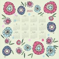 Calendar vector template for year 2023 with hand drawn wild flowers on blue background