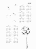 Calendar vector template for year 2023 with hand drawn wild flowers on blue background