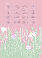Calendar vector template for year 2023 with hand drawn wild flowers on blue background