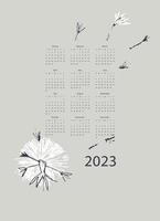 Calendar vector template for year 2023 with hand drawn wild flowers on blue background