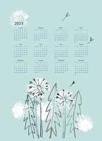 Calendar vector template for year 2023 with hand drawn wild flowers on blue background