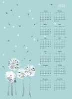 Calendar vector template for year 2023 with hand drawn wild flowers on blue background
