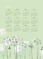 Calendar vector template for year 2023 with hand drawn wild flowers on blue background