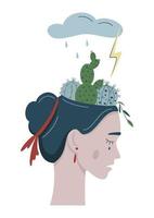 Mental disorder, anxiety, confusion and depression creative abstract concept. Unhappy womans head with cactuses inside and thunderstorm. Isolated vector illustrations about psychological problems