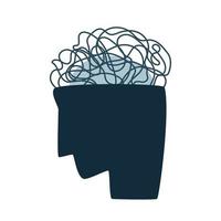 Human head with confused thoughts inside. Mental disorder, anxiety, chaotic thought process, confusion and depression creative abstract concept. Minimalistic flat vector illustration
