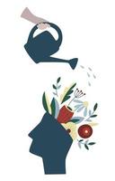 Mental health, happiness, self-development abstract concept. Someone pours water from a watering can on a head with flowers inside. Mindfulness, self care idea. Isolated flat vector illustration