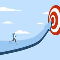 Ambitious businesswoman walking growth arrow path towards bullseye target. Progress towards goal or achievement of business targets, career growth or improvement concept, challenge to achieve success. vector