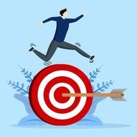 Skilled successful businessman jumping over arrow hitting bullseye target. Reaching target, achievement, mission success or victory concept, achieving goals or getting business goals and objectives. vector