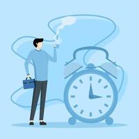businessman relaxing with cup of coffee or tea with alarm clock, time off concept, free from boredom, sleepy and tired concept, coffee break time to relax and refresh from long term stress. vector