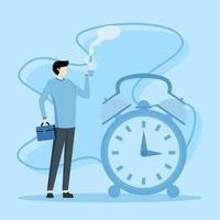 businessman relaxing with cup of coffee or tea with alarm clock, time off concept, free from boredom, sleepy and tired concept, coffee break time to relax and refresh from long term stress. vector