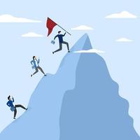 business team members run to reach the top of the mountain, Successful business mission, leadership to lead the team to achieve goals, motivation and teamwork to succeed, challenges to achieve targets vector