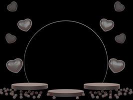 resumen del podio del día de san valentín. escena con objeto de San Valentín y fondo negro, pantalla de producto de corazón rosa, presentación 3d de lujo. soporte para regalo de san valentín, escaparate, cosmético, producto de podio. foto
