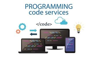 Concept of computer programming or developing software or game. Vector illustration with coding symbols and programming windows. Concept of Information technologies and computer engineering.