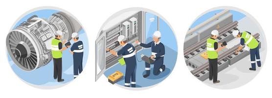 Engineer work Railway Aircraft and Electric Inspector and maintenance  isometric for industry and construction symbols isolated white background vector