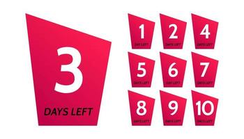 Number of days left. Set of ten red banners with countdown from 1 to 10. Vector illustration