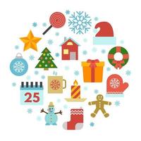 Christmas icons set with snowflakes in circle. New Year decoration in flat style. Vector illustration