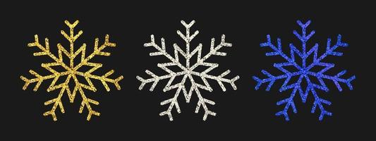 Glitter snowflakes on dark background. Set of three gold, silver and blue glitter snowflakes. Christmas and New Year decoration elements. Vector illustration.