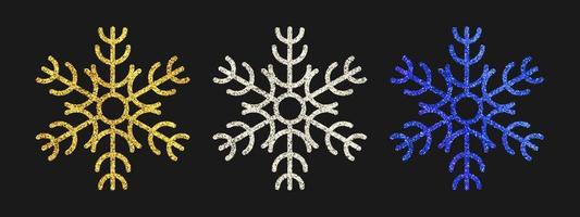 Glitter snowflakes on dark background. Set of three gold, silver and blue glitter snowflakes. Christmas and New Year decoration elements. Vector illustration.