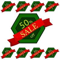 Set of discount stickers. Green hexagonal badges with red ribbon for sale 10 - 90 percent off. Vector illustration.