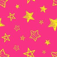 Seamless background of doodle stars. Yellow hand drawn stars on pink background. Vector illustration