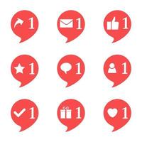 Set of nine notifications in social media. Heart, star, follower, message, check, gift, comment, like, repost. Vector illustration.