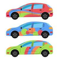 un conjunto de tres coches pintados en diferentes colores. ilustración vectorial vector