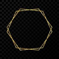 Gold double hexagon frame. Modern shiny frame with light effects isolated on dark transparent background. Vector illustration.