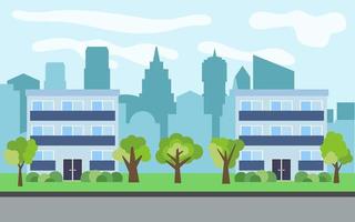 ciudad vectorial con dos casas de dibujos animados de tres pisos y árboles verdes en el día soleado. paisaje urbano de verano. vista de la calle con paisaje urbano en un fondo vector