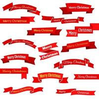 Set of sixteen red ribbons and banners with an inscription Merry Christmas. Great design element isolated on white background. Vector illustration.