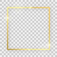 Gold shiny square frame with glowing effects and shadows on transparent background. Vector illustration