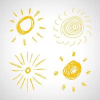 Hand drawn suns. Set of four simple sketch suns. Solar symbol. Yellow doodle isolated on white background. Vector illustration.