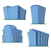 Set of four modern high-rise building on a white background. View of the building from the bottom. Isometric vector illustration.