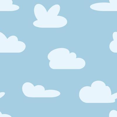 Seamless background with blue sky and white cartoon clouds. Vector illustration.