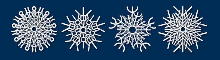 Paper cut snowflake. Set of four white snowflakes on blue background. Christmas and New Year decoration elements. Vector illustration