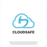 Cloud Computing Security Logo, Blue Cloud with hammer icon inside isolated on white Background, flat design logo template, vector