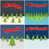 Set of four vector illustration with night forest with red ribbons with the inscriptions Happy Christmas.