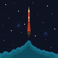 Space rocket launch. Vector illustration with flying rocket. Space travel. Project development. Creative idea.