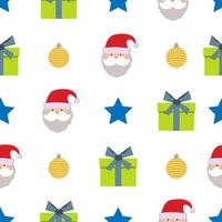Christmas seamless pattern with star, christmas ball, gift box and Santa Claus on white background. Vector illustration