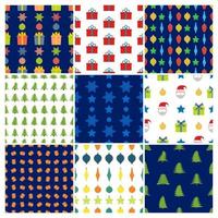 Set of nine Christmas Seamless Patterns with icons in flat style. Vector illustration