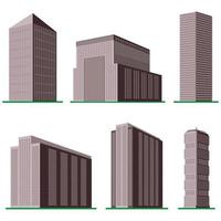 Set of six modern high-rise building on a white background. View of the building from the bottom. Isometric vector illustration.