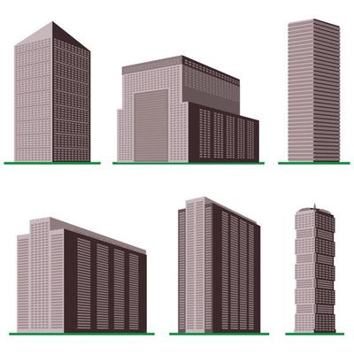 Set of six modern high-rise building on a white background. View of the building from the bottom. Isometric vector illustration.