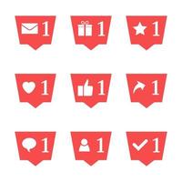 Set of nine notifications in social media. Heart, star, follower, message, check, gift, comment, like, repost. Vector illustration.