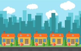 Vector city with cartoon houses and buildings. City space with road on flat style background concept. Summer urban landscape. Street view with cityscape on a background