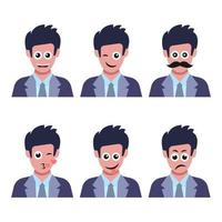 Set of six men with different facial emotions. Human face with emoji character. Vector illustration