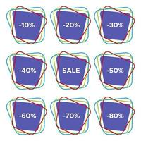 Set of nine sale stickers with different discount values. Sale label template. Vector illustration