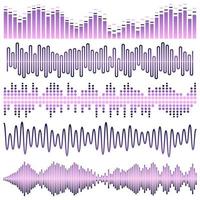 conjunto vectorial de ondas sonoras violetas. ecualizador de sonido ondas de sonido y audio aisladas sobre fondo blanco. vector